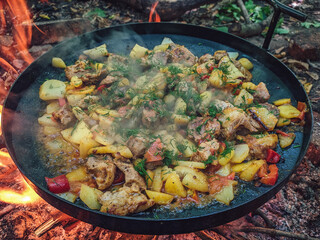 macro: close-up of fried potatoes with meat and vegetables in a frying pan over a fire