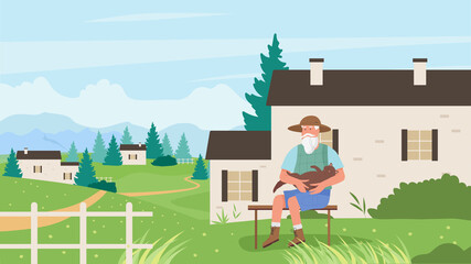 Obraz na płótnie Canvas Old man with pet cat vector illustration. Cartoon elderly senior male character sitting on bench outdoor in house garden or park, hugging own kitten, relax with cat animal in summer nature background