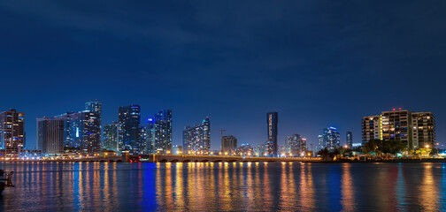Fototapeta na wymiar Miami night. Panoramic view of Miami skyline and coastline.