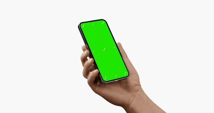 Smartphone blank in hand enters the camera frame from bottom - animation best quality, no blurs, green screen and luma matte included. Angled perspective view