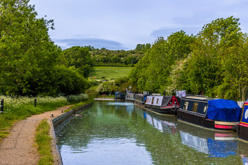 A view across the canal basin on the Oxford Canal at the village of Napton, Warwickshire in summertime