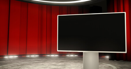 Theatrical TV show virtual studio set with an empty screen monitor. A photo realistic 3D render, Ideal for virtual tracking system sets, with green screen