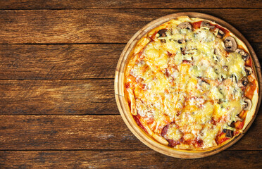 salami and mushrooms pizza with mozzarella and various cheeses, Concept promotional flyer poster for Restaurants or pizzerias with space for your text.