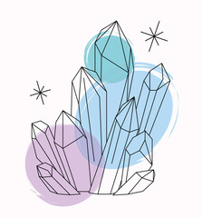 Vector bright linart sketch blue, green and violet quartz crystals. Pixiecore and fairycore.