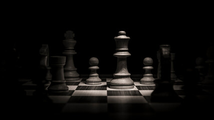 Queen fighting on the chessboard. Low-key concept picture of chess pieces taken in studio and concerning decision making and strategy.