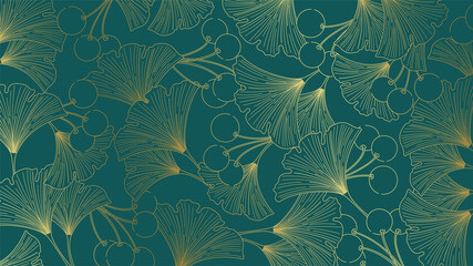 Luxury elegant lineart background golden leaves and ginko berries on an emerald green background.
