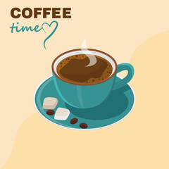 Blue cup with coffee on a light hill background, oriental motives