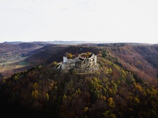 Panorama view of Burgruine Hohenneuffen castle ruins on top of hill near Neuffen BaWu Germany in...