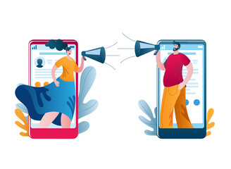 A woman and a man use their phones to yell at each other through a megaphone. Vector illustration on the topic of conflicts in social networks.