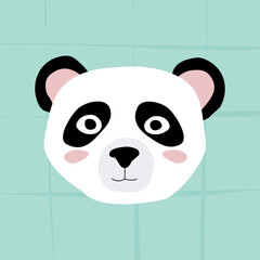 Cute panda with pink cheeks and surprised eyes. Panda head cartoon. Doodle illustration vector.