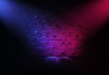  Rays neon light in the dark with  smoke. Empty background scene  spotlight.