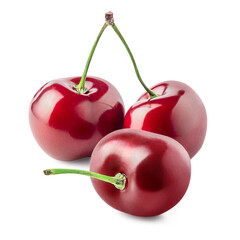 Three cherry fruits with green stem isolated on white background. Clipping path