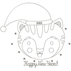 Stylish black and white isolated outline childish illustration of the face of a cute happy tiger wearing a Santa Claus hat in Scandinavian style, calligraphy quote Happy New Year for coloring. Vector.