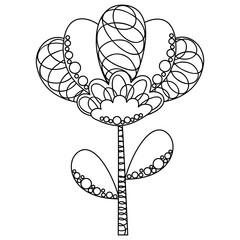 A cute black and white single abstract tulip flower decorated with shading and circles. Monochrome children's spring, summer doodle for coloring in a Scandinavian style. Vector.