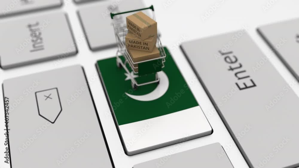 Poster goods made in pakistan in the shopping cart on the keyboard. export or import concepts, looping 3d a