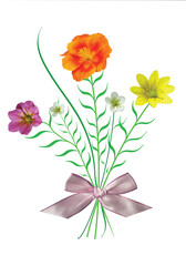 Bouquet with garden various meadow flowers with ribbon.
Flowers for congratulations with white space for your text.
