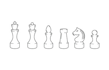 Set of white chess pieces. Chessmen line drawing. Vector illustration for board game.  Leisure time.
