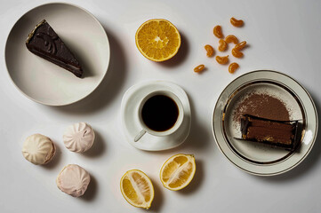 Tasty chocolate cakes, homemade zephyr sweets and a cup of coffee