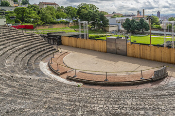 View of Roman theatre - ancient structure in Lyon. The Roman theatre built around 15 BC on the hill of Fourviere. Lyon, Rhone, France.