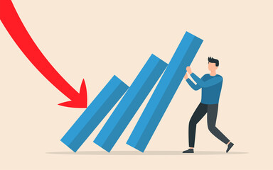 Businessman stopping falling domino. Symbol of crisis, risk, management, leadership concept. Vector illustration.