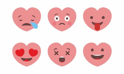 Set of six heart shaped emoticons. Vector emoji heads in the shape of hearts with different emotions on the face. Icons isolated on white background