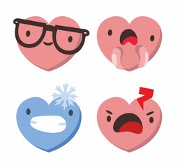 Set of four heart shaped emoticons. Vector emoji heads in the shape of hearts with different emotions on the face. Icons isolated on white background