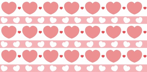 Endless seamless pattern of hearts of different sizes and colors. Pink red and white vector hearts. Wallpaper for wrapping paper