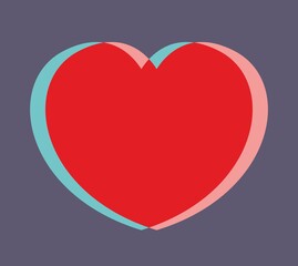 Big red heart anaglyph on a purple background. Splits into turquoise and pink. Stylization for a three-dimensional image. Valentines day symbol