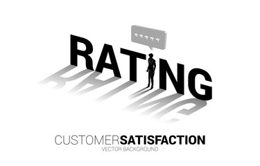 Silhouette businessman standing with 3D customer rating star in speech bubble . concept of customer satisfaction , client rating and ranking.