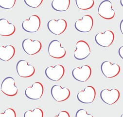 Endless seamless pattern of hearts of different directions. White blue red anaglyph vector hearts on grey background. Wallpaper for wrapping paper. Background for Valentine's Day