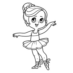 Cute cartoon little ballerina girl in lush tutu outlined for coloring isolated on a white background
