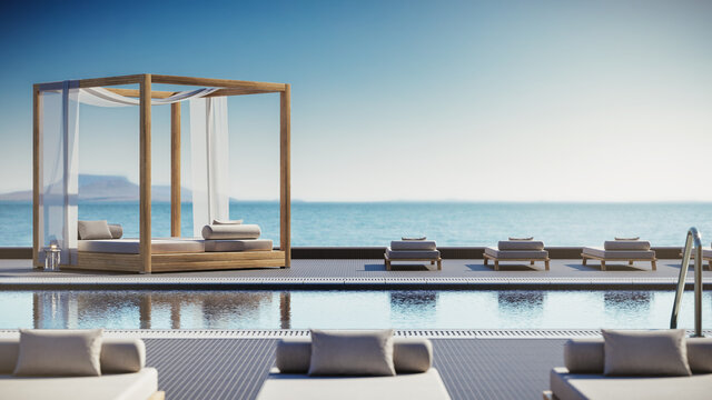 Pool oder Poolanlage eines Luxus Hotels in der Karibik mit Sonnenliegen und blauem Wasser ohne Menschen und Blick aufs Meer für den nächsten Urlaub