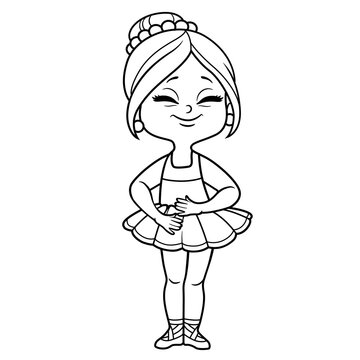 Beautifu cartoon ballerina girl in lush tutu stand on a white background outlined for coloring
