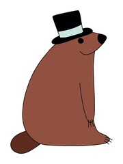 Funny cartoon groundhog with top hat stock vector illustration. Happy Groundhog Day cute colorful character groundhog animal portrait white isolated. Funny rodent animal in top hat. One of a series