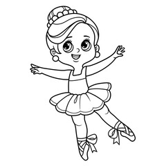 Beautiful cartoon ballerina girl in lush tutu dancing on a white background outlined for coloring