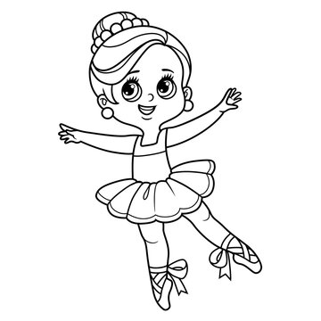Beautiful cartoon ballerina girl in lush tutu dancing on a white background outlined for coloring