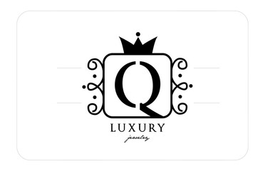 Q simple monogram alphabet letter logo in black and white. Creative icon design with king crown for luxury company and business