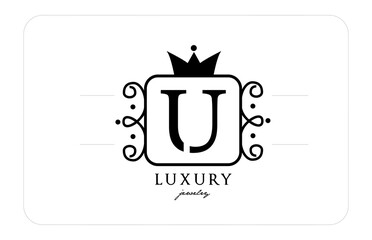 U simple monogram alphabet letter logo in black and white. Creative icon design with king crown for luxury company and business