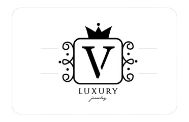 V simple monogram alphabet letter logo in black and white. Creative icon design with king crown for luxury company and business