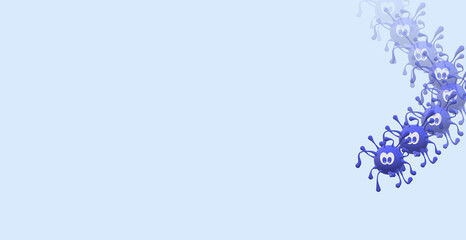 3D Illustration. COVID-19 drawing simulating movement, blue. Health care. Coronavirus Pandemic Outbreak. Public Health Emergency of International Concern. Biological hazard. Virus and copy space.