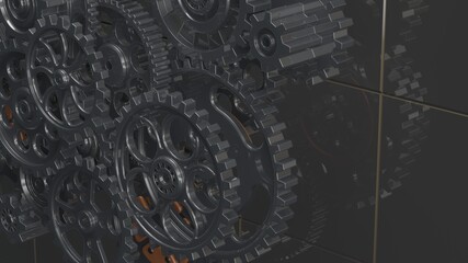 Mechanism black-orange gears and cogs at work on spot light background. Industrial machinery. 3D illustration. 3D high quality rendering.