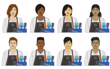 diversity, race, ethnicity of hairstylist, hairdresser vector icons, male and female, wearing an apron, with brush, comb and scissors, isolated on a white background 