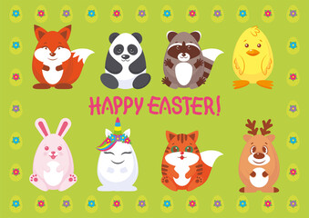 Set of Easter eggs decorated like  animals: rabbit, chicken, fox, raccoon, panda, cat, deer. Isolated on a green background. Vector illustration, collection of Easter decorations, kids crafts template