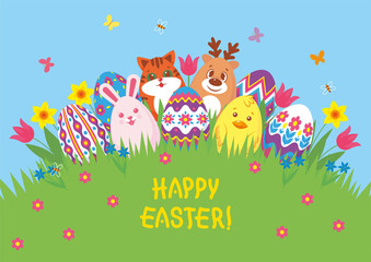 Easter poster with eggs painted like animals and painted with ornaments. Vector illustration, festive background, postcard, flyer, invitation, banner