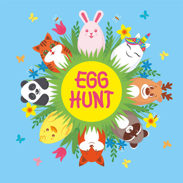 Easter card with easter eggs painted as animals (rabbit, cat, panda, chiken, fox, raccoon, deer, unicorn) among grass and flowers, arranged in a circle. Inside the title 'Egg hunt'.