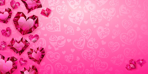 Background of big, small and several crystal hearts, red on pink. Illustration on Valentine Day