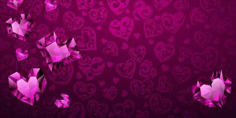 Background of big, small and several crystal hearts in purple colors. Illustration on Valentine Day