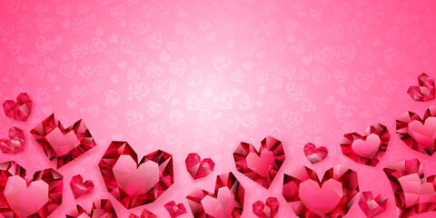 Background of big, small and several crystal hearts, red on pink. Illustration on Valentine Day
