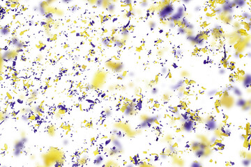 Yellow and purple confetti over white background.