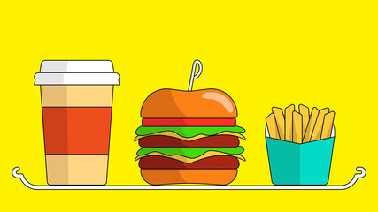 Hamburger, drink and potato set. Fast food sample illustration.